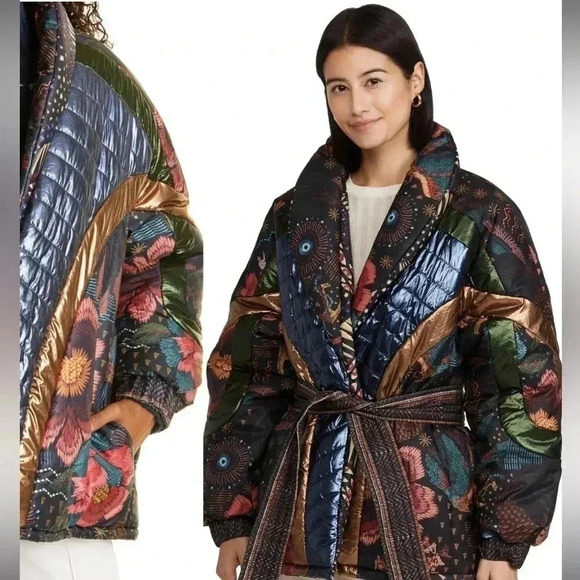 Farm‎ Rio : NWT $350 Metallic Wild Bananas Reversible Puffer Coat : M